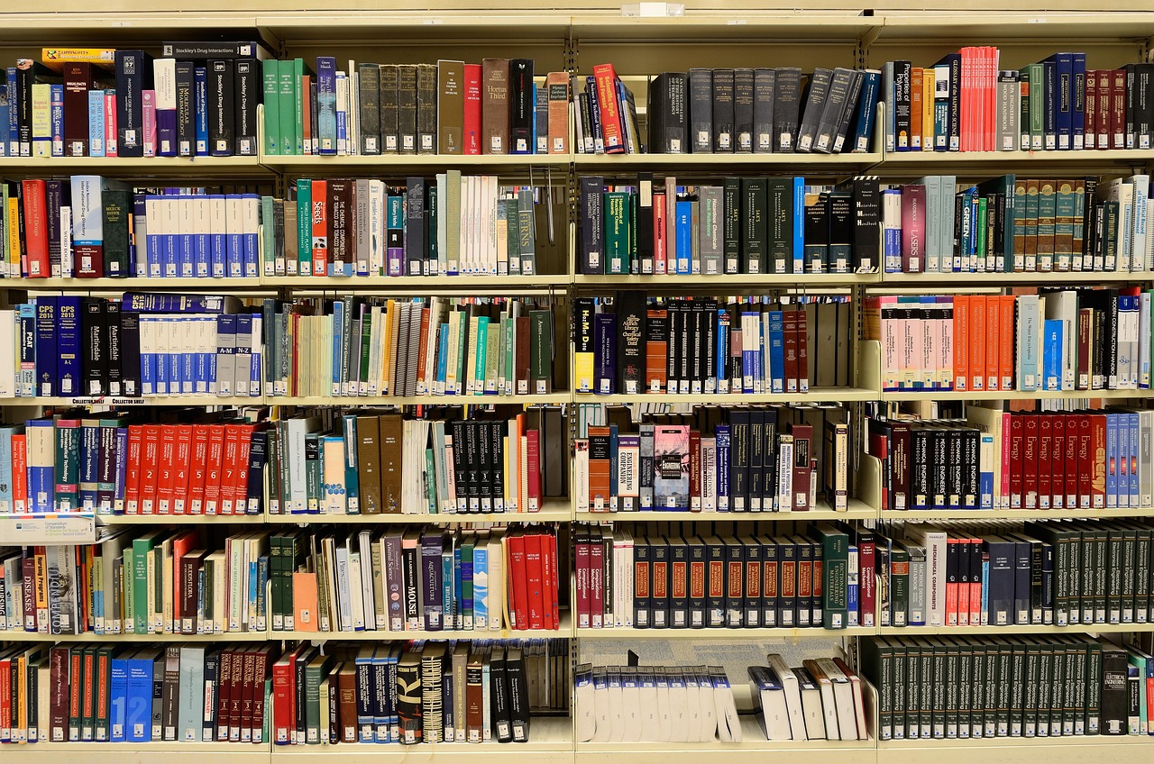 Moderne bibliotheek met opvallende boekenopstelling.